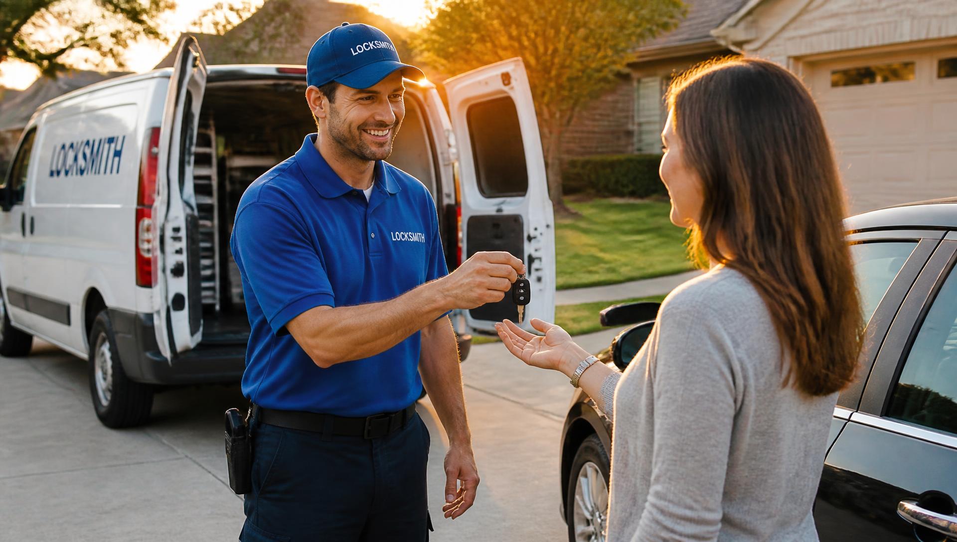 Mobile locksmith handing new car keys to a customer in a driveway